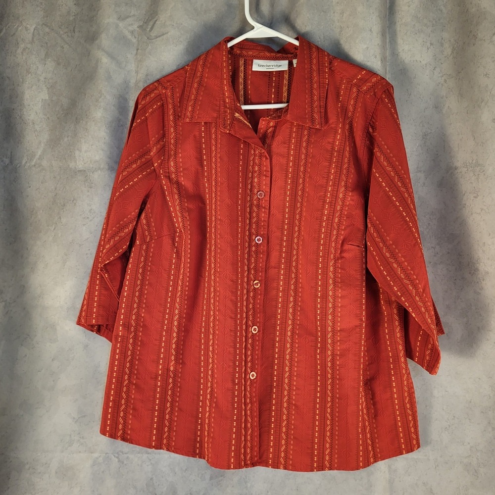 Breckenridge Shirt Womens 1X Orange Yellow Stripe Button Front 3/4 Sleeve